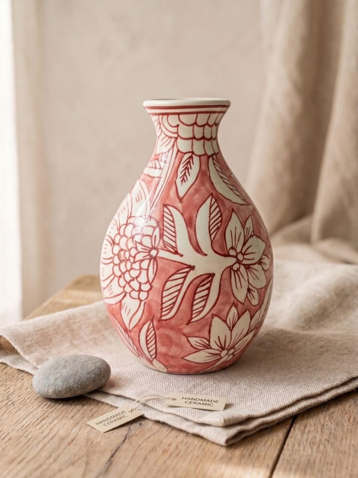 Hand-Painted Blue Pottery Ceramic Vase – Boho Flower Decor