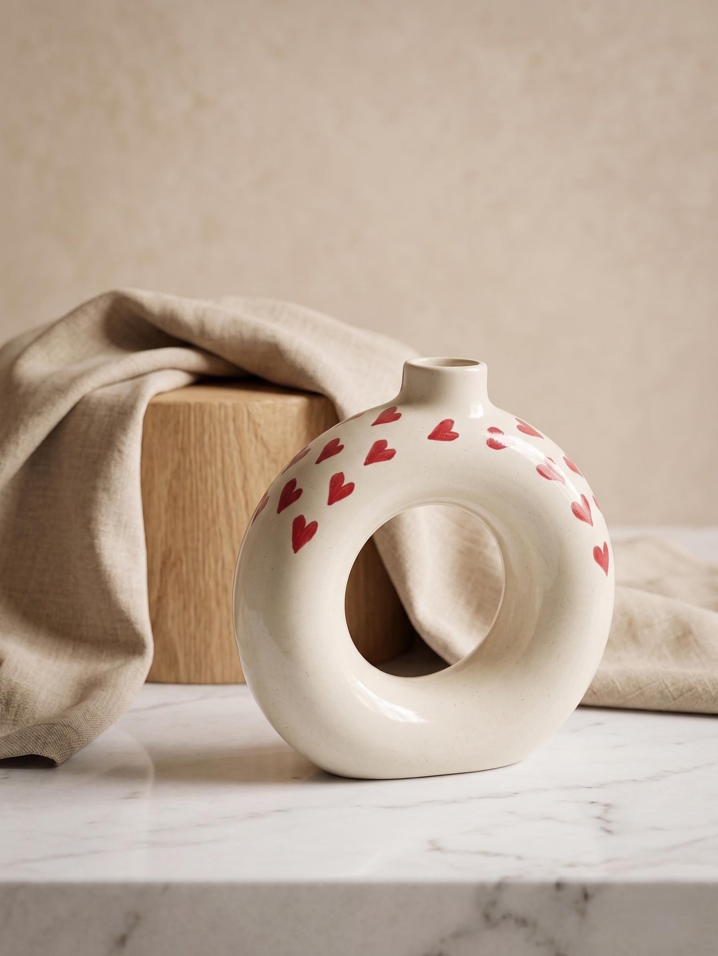 Handmade Ceramic Donut Vase with Red Hearts