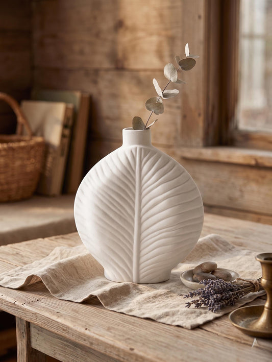 Minimalist White Leaf Ceramic Vase