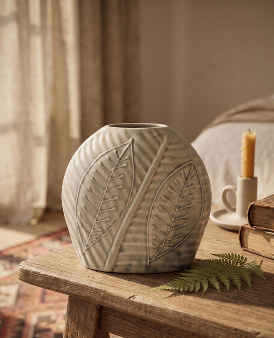 Handcrafted Botanical Ceramic Vase | Leaf Embossed Vase