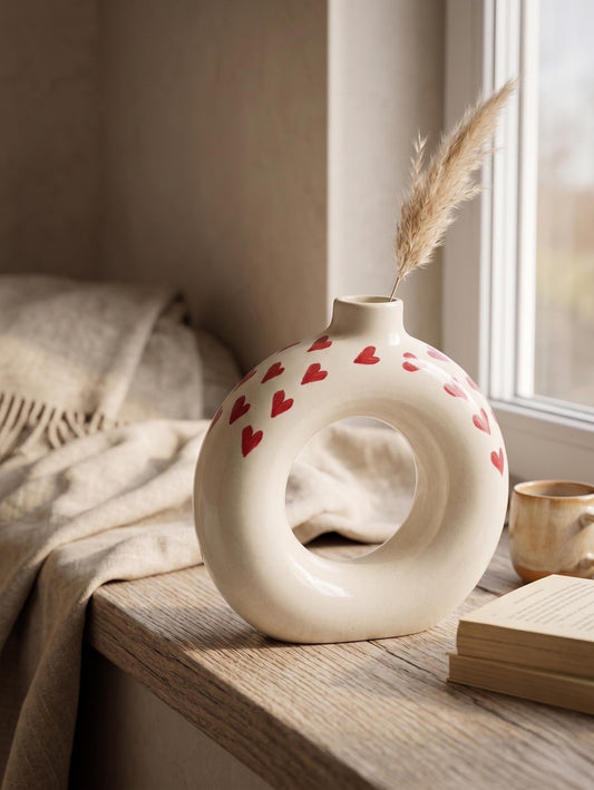 Handmade Ceramic Donut Vase with Red Hearts