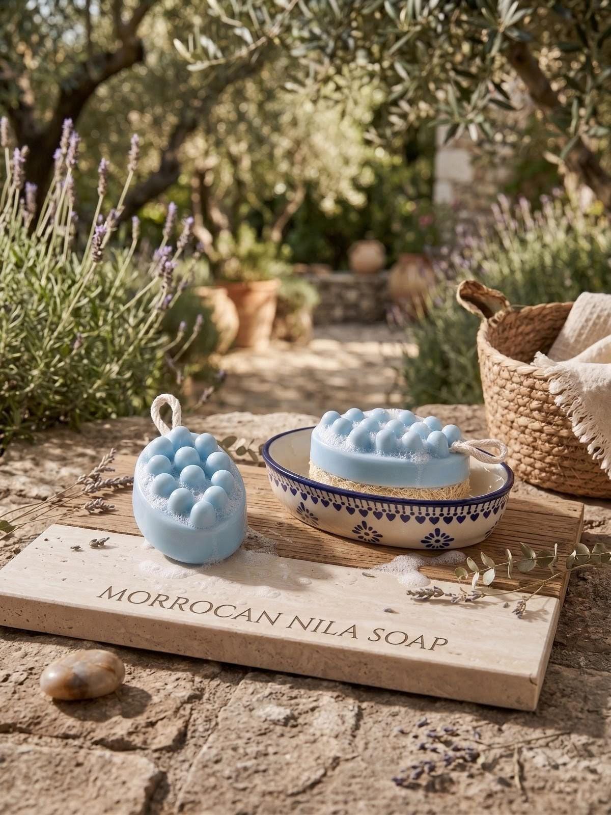 Moroccan Nila Soap Bar with Hand-Painted Ceramic Dish