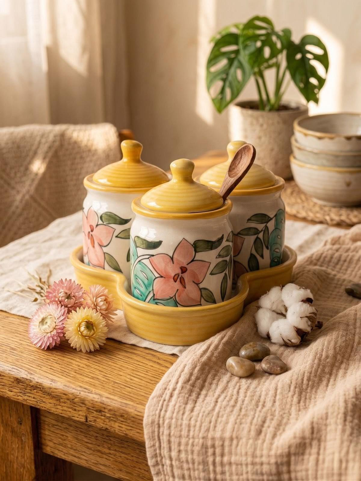 Floral Ceramic Kitchen Canister Set (Set of 3) with Tray – Hand-Painted Storage Jars