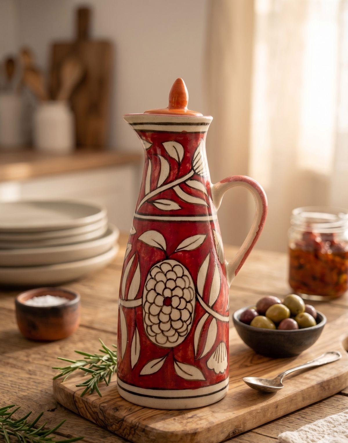 Ceramic Oil Dispenser Bottle | Hand-Painted Floral Oil Cruet