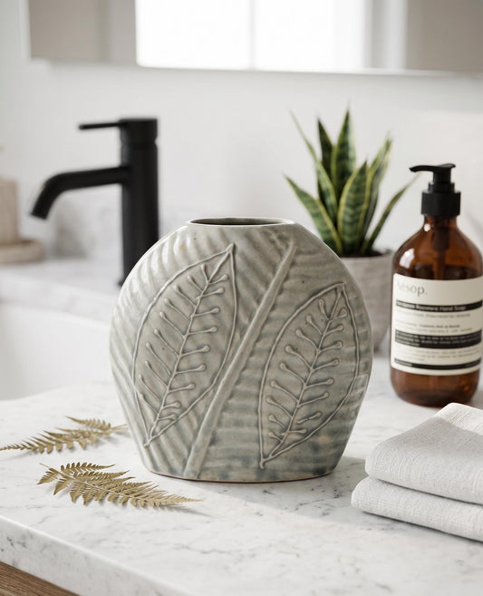 Handcrafted Botanical Ceramic Vase | Leaf Embossed Vase