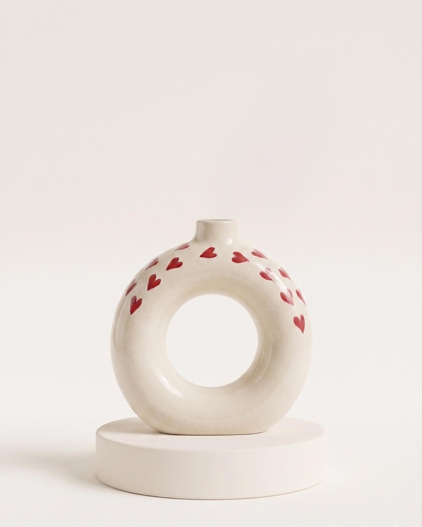 Handmade Ceramic Donut Vase with Red Hearts