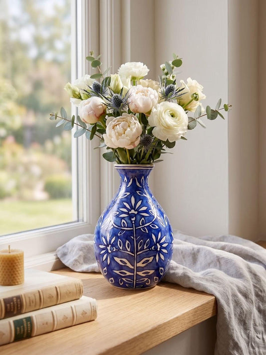 Hand-Painted Blue Pottery Ceramic Vase – Boho Flower Decor