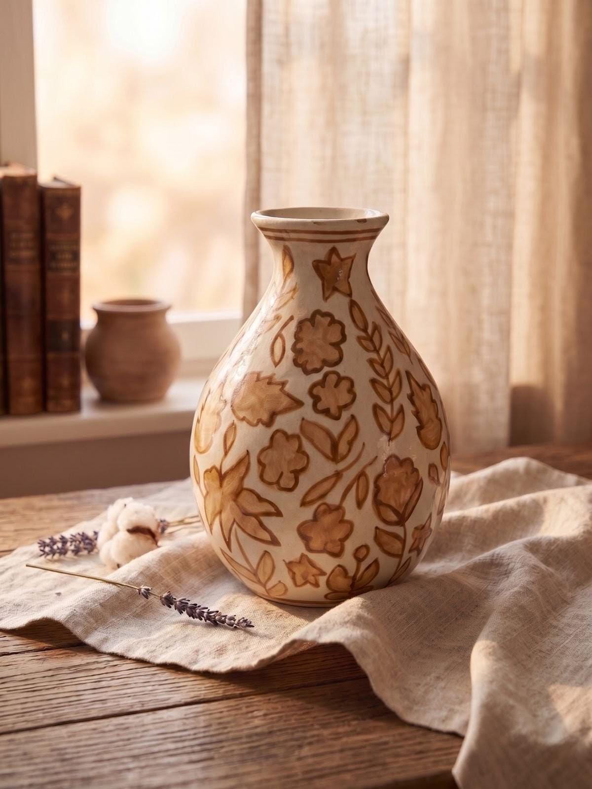 Hand-Painted Blue Pottery Ceramic Vase – Boho Flower Decor