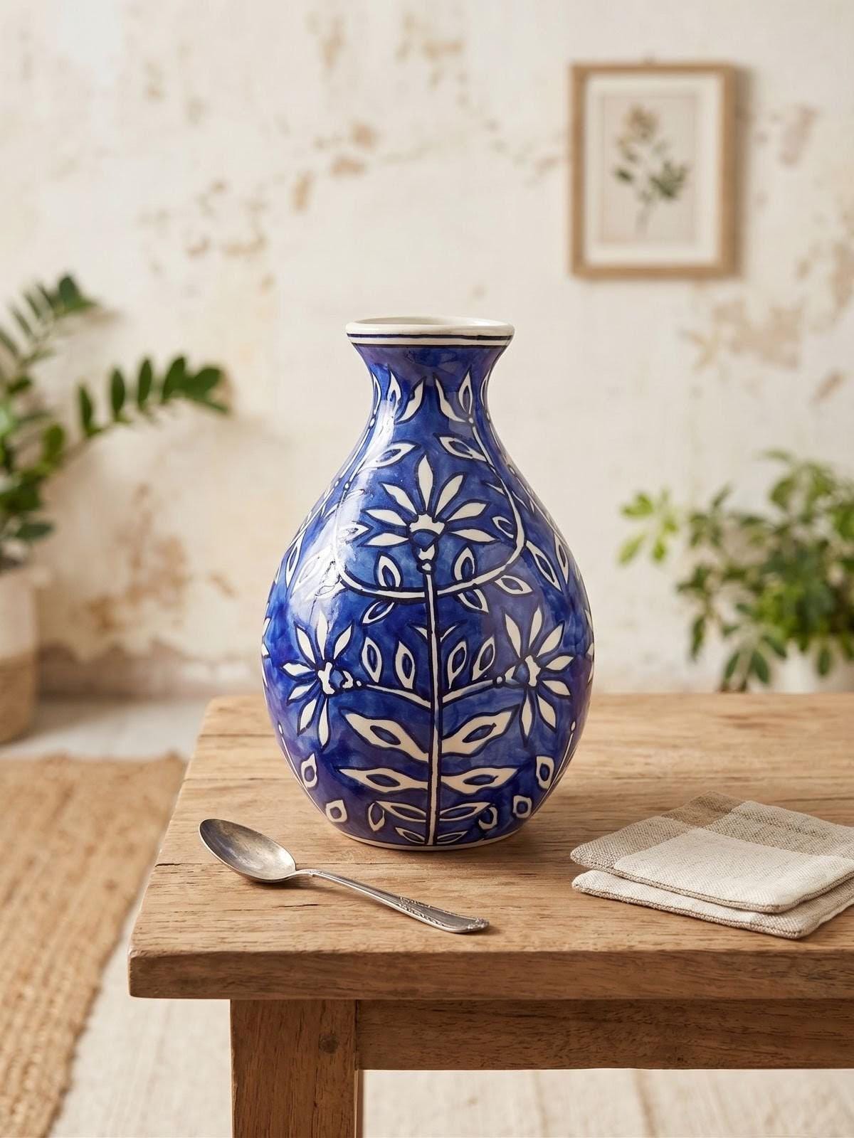 Hand-Painted Blue Pottery Ceramic Vase – Boho Flower Decor