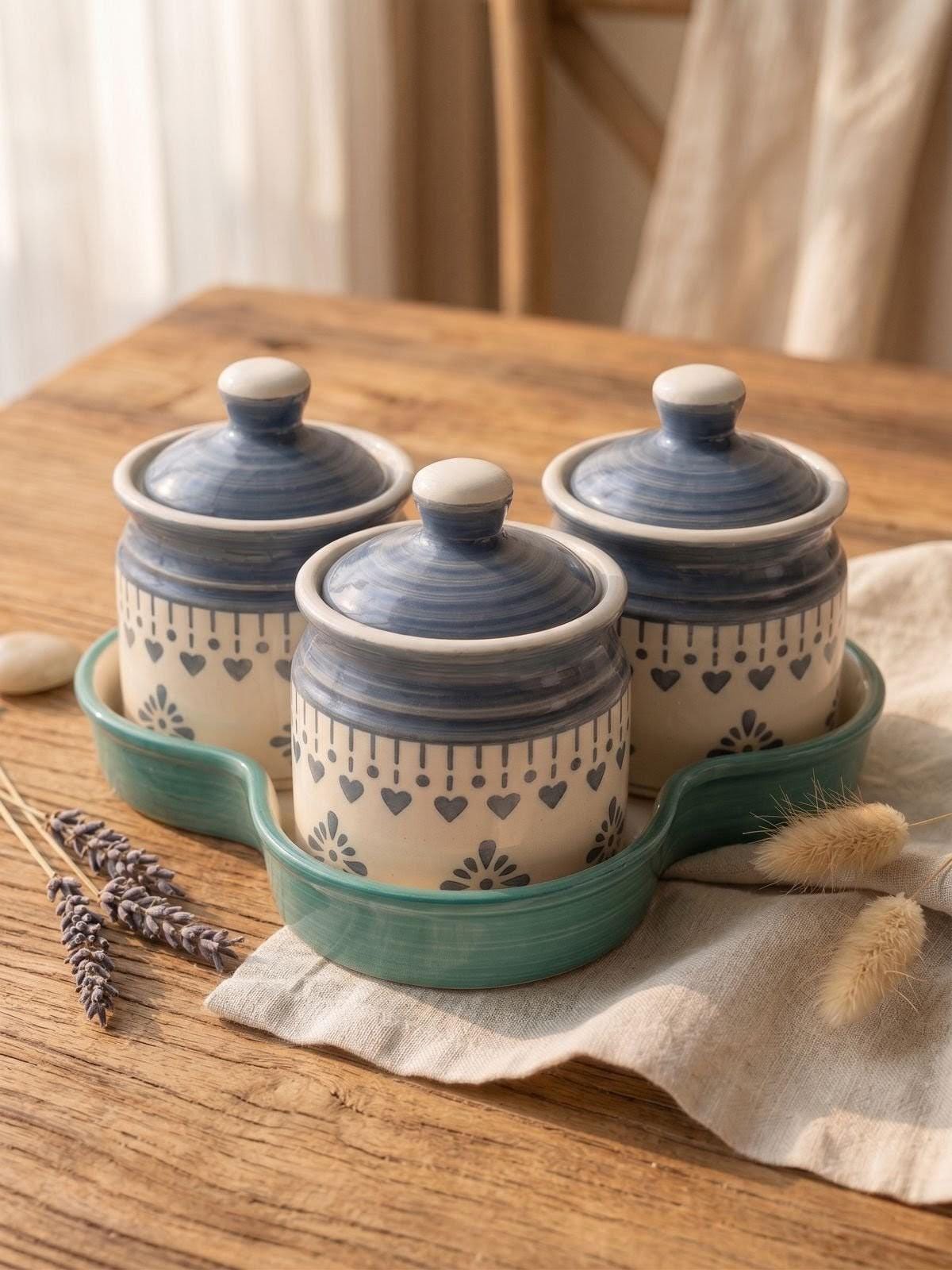 Floral Ceramic Kitchen Canister Set (Set of 3) with Tray – Hand-Painted Storage Jars