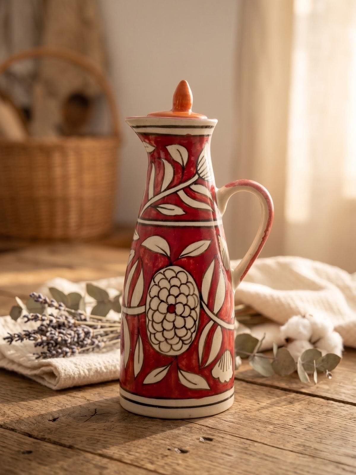 Ceramic Oil Dispenser Bottle | Hand-Painted Floral Oil Cruet
