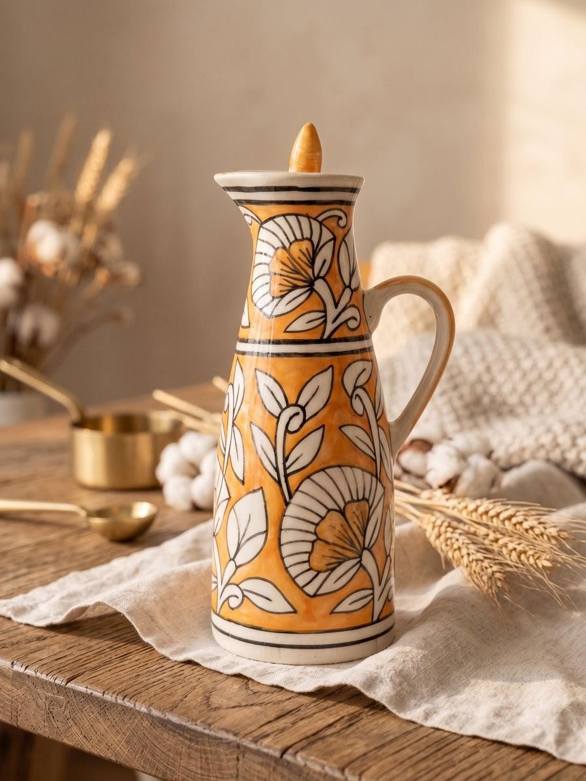 Ceramic Oil Dispenser Bottle | Hand-Painted Floral Oil Cruet