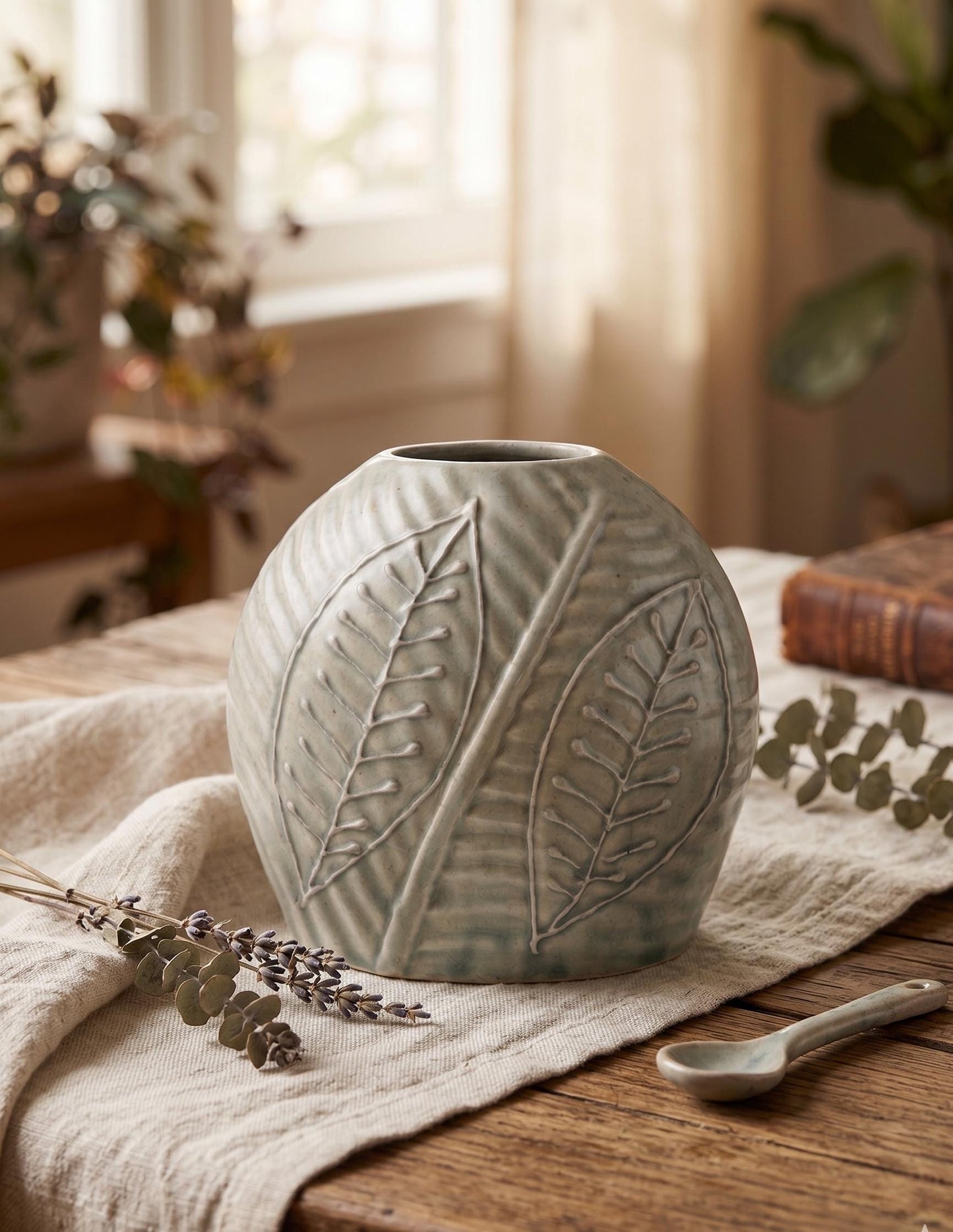 Handcrafted Botanical Ceramic Vase | Leaf Embossed Vase