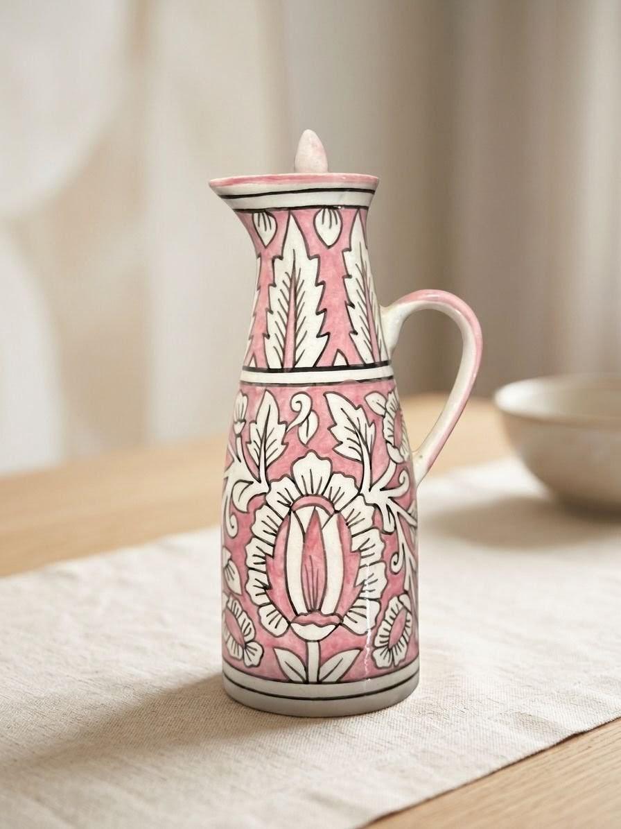 Ceramic Oil Dispenser Bottle | Hand-Painted Floral Oil Cruet