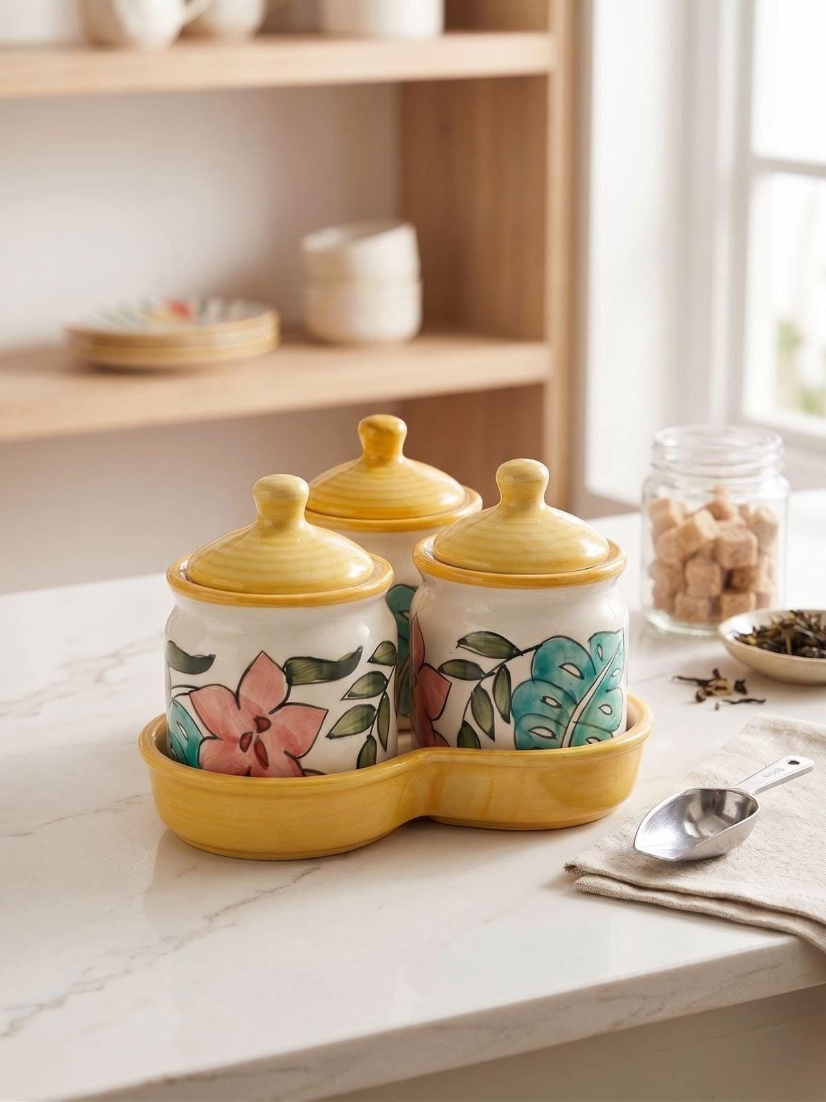 Floral Ceramic Kitchen Canister Set (Set of 3) with Tray – Hand-Painted Storage Jars