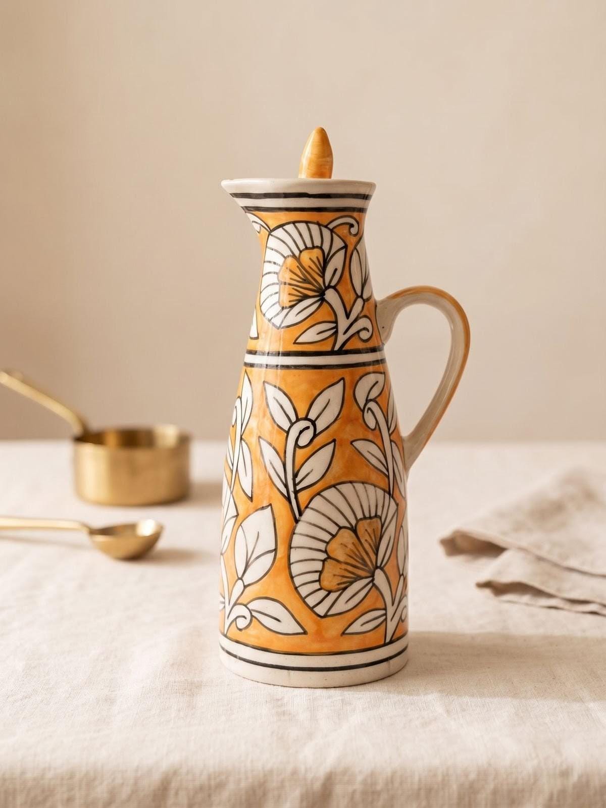 Ceramic Oil Dispenser Bottle | Hand-Painted Floral Oil Cruet