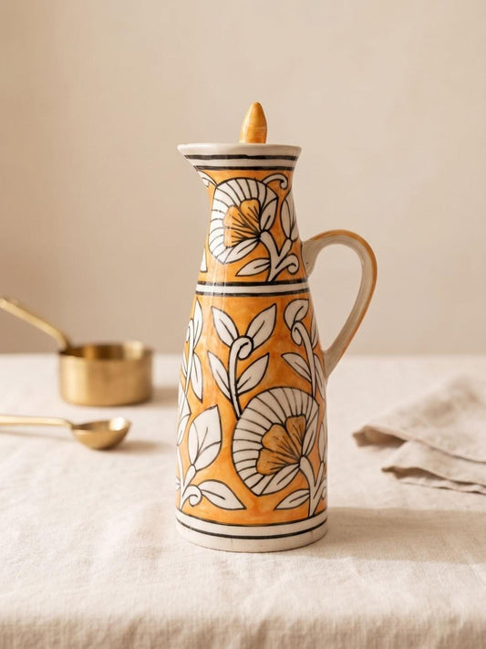 Ceramic Oil Dispenser Bottle | Hand-Painted Floral Oil Cruet
