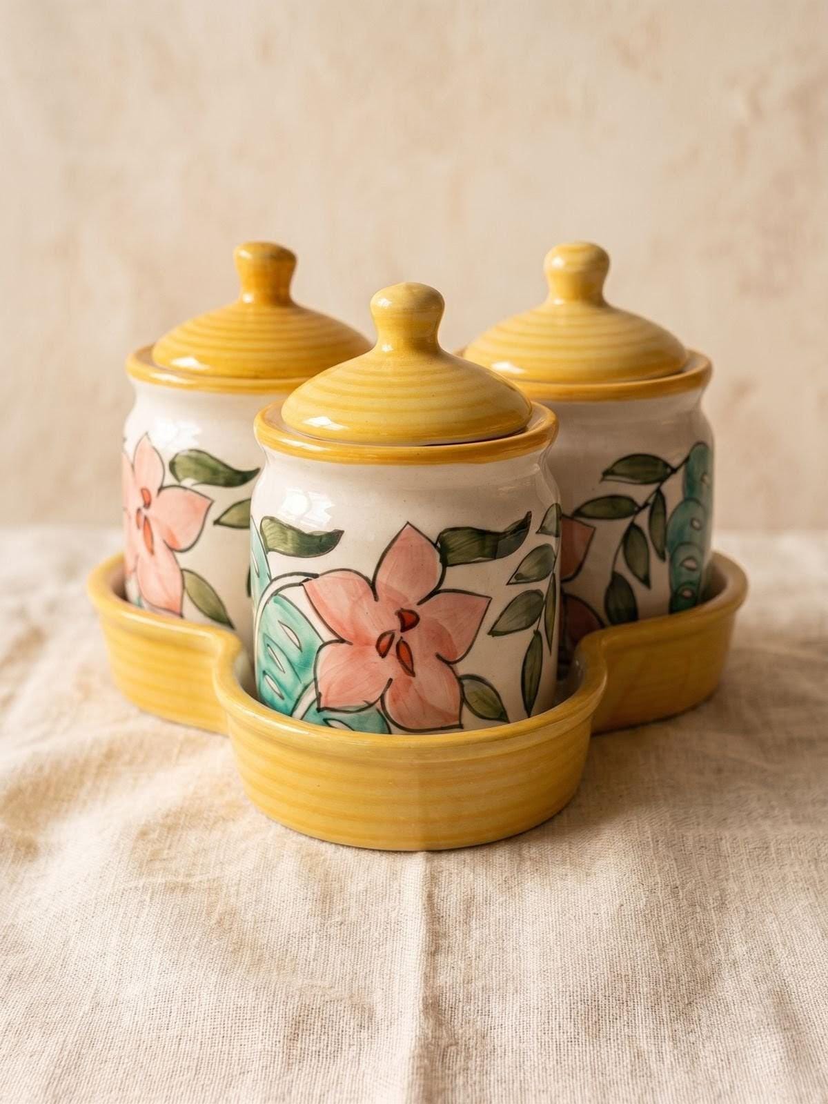 Floral Ceramic Kitchen Canister Set (Set of 3) with Tray – Hand-Painted Storage Jars