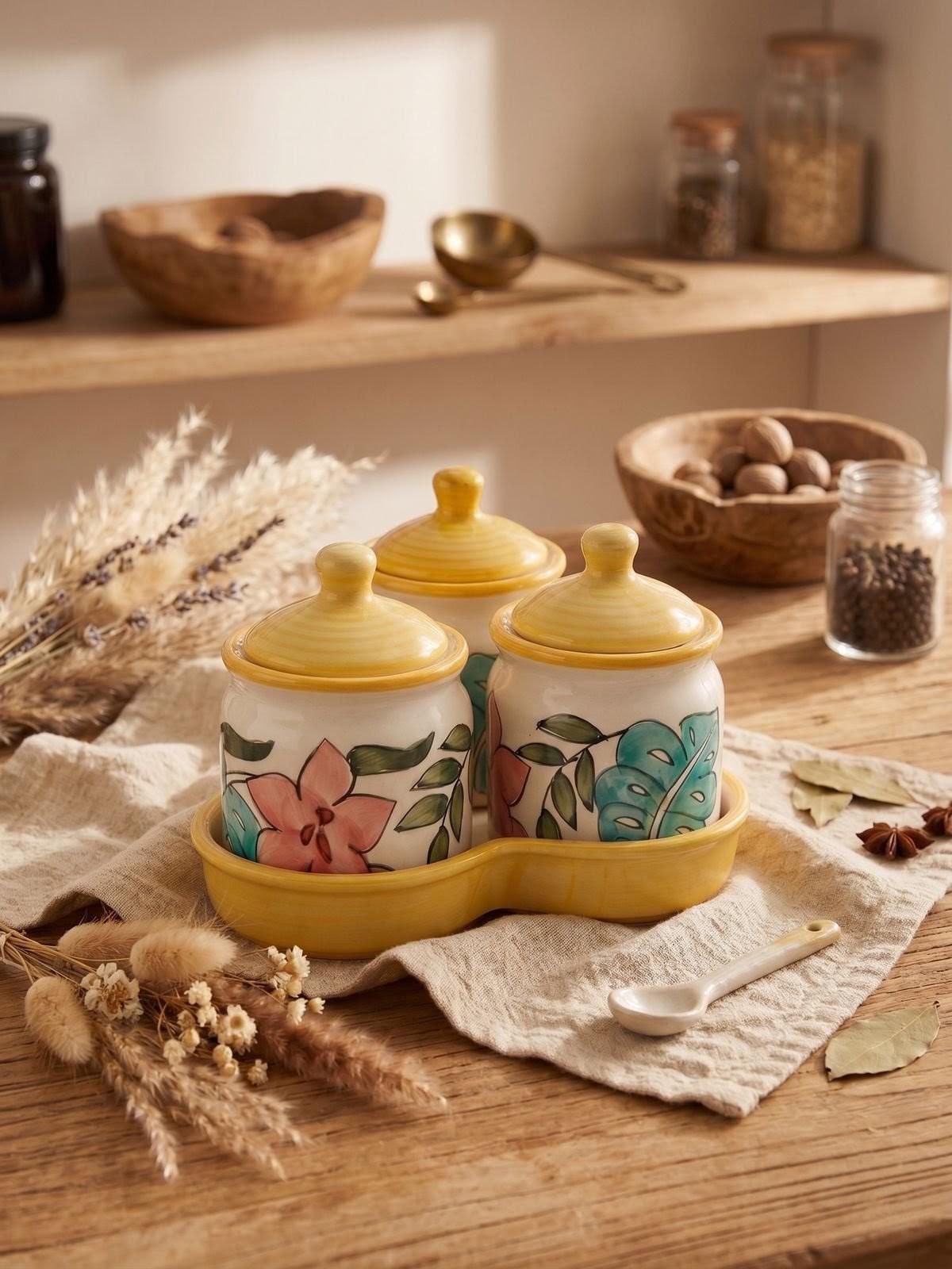 Floral Ceramic Kitchen Canister Set (Set of 3) with Tray – Hand-Painted Storage Jars