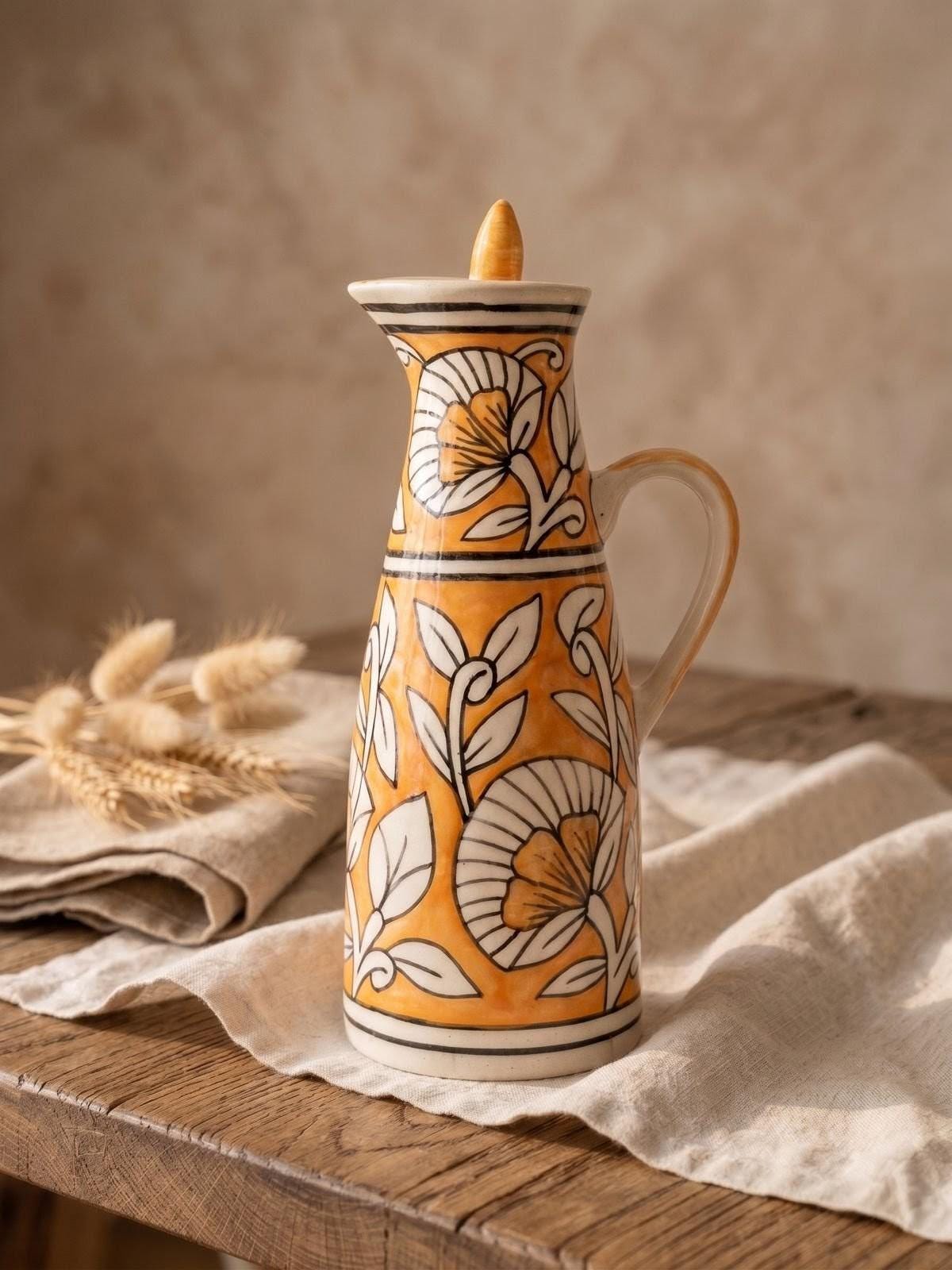 Ceramic Oil Dispenser Bottle | Hand-Painted Floral Oil Cruet