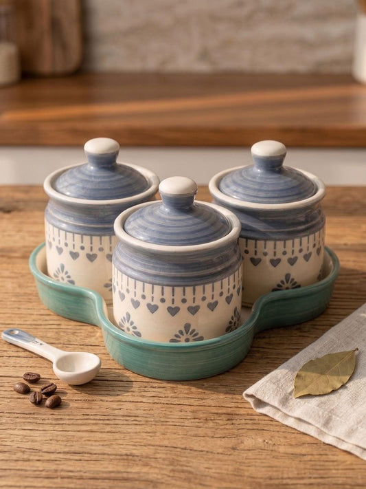 Floral Ceramic Kitchen Canister Set (Set of 3) with Tray – Hand-Painted Storage Jars
