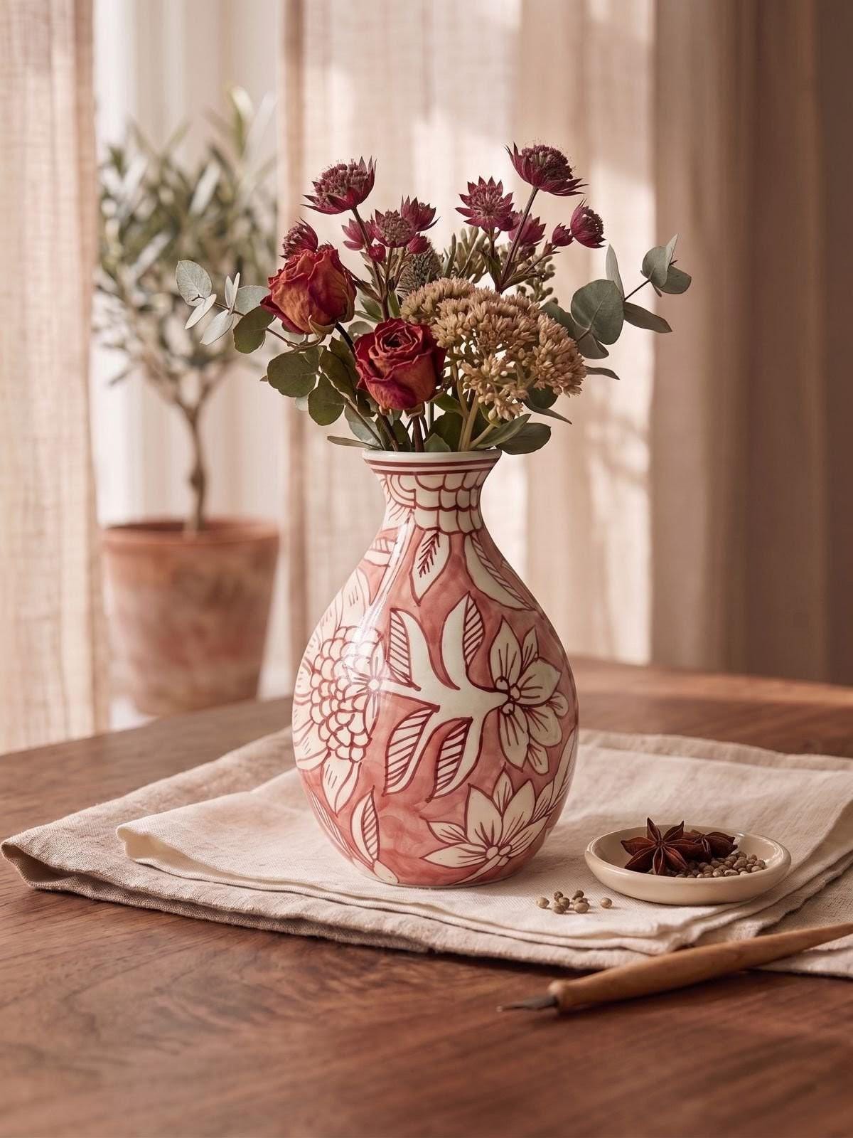 Hand-Painted Blue Pottery Ceramic Vase – Boho Flower Decor