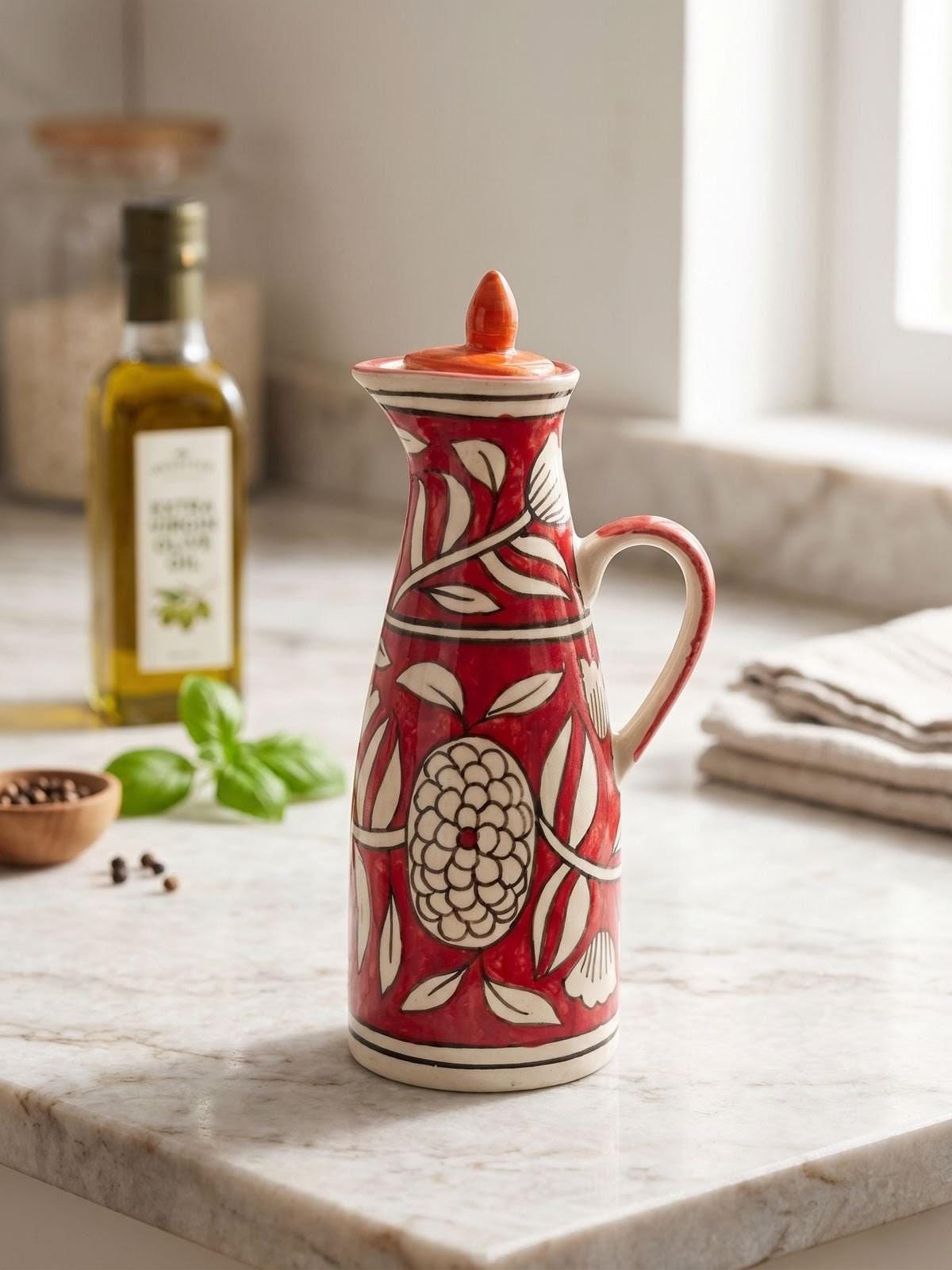 Ceramic Oil Dispenser Bottle | Hand-Painted Floral Oil Cruet