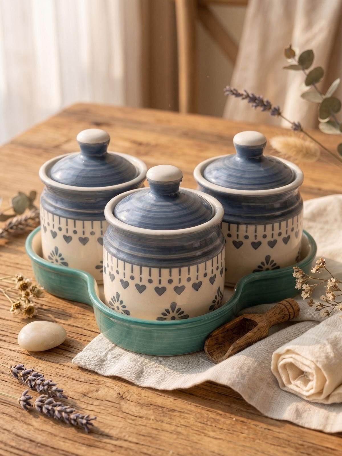 Floral Ceramic Kitchen Canister Set (Set of 3) with Tray – Hand-Painted Storage Jars