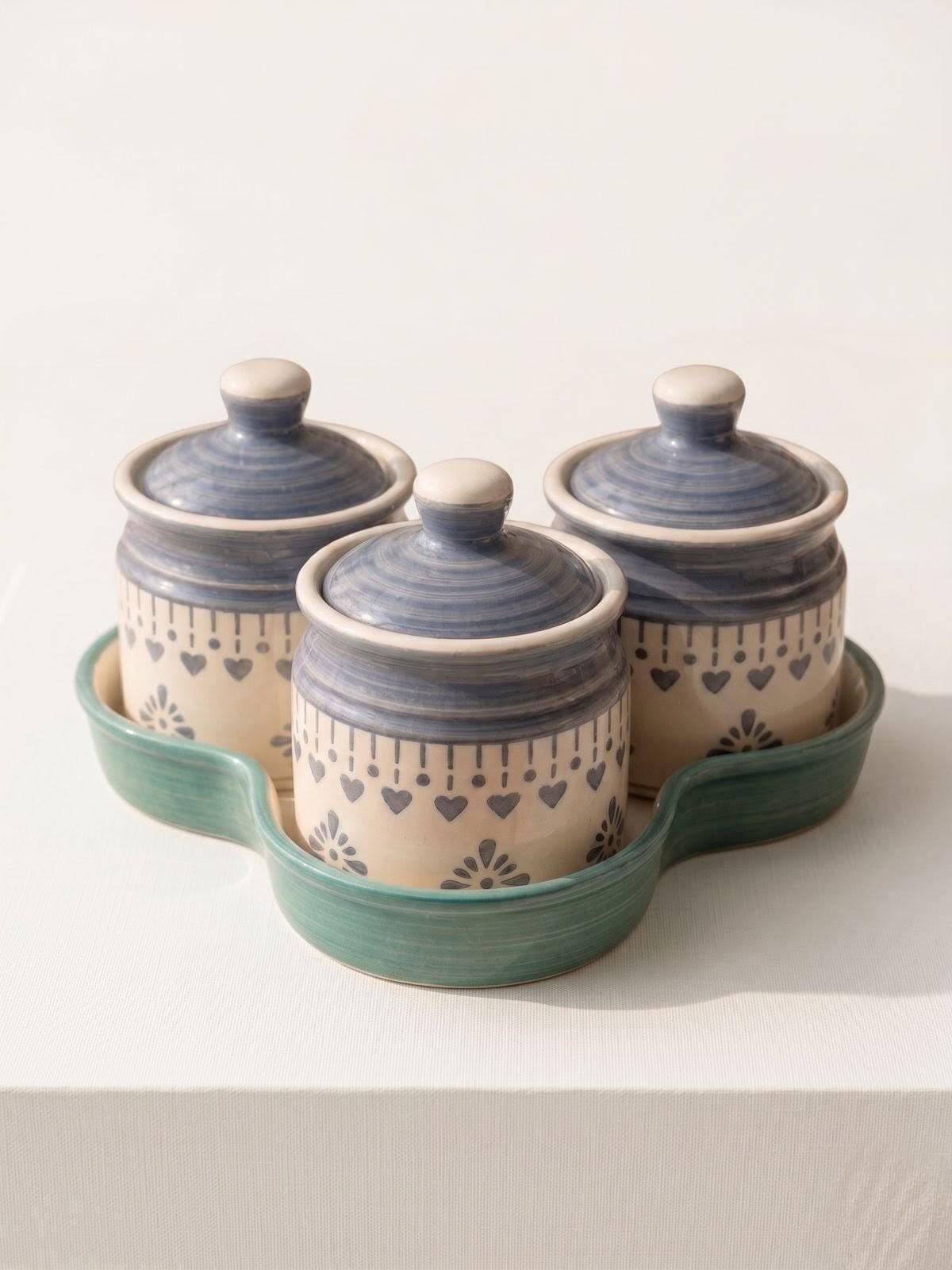 Floral Ceramic Kitchen Canister Set (Set of 3) with Tray – Hand-Painted Storage Jars