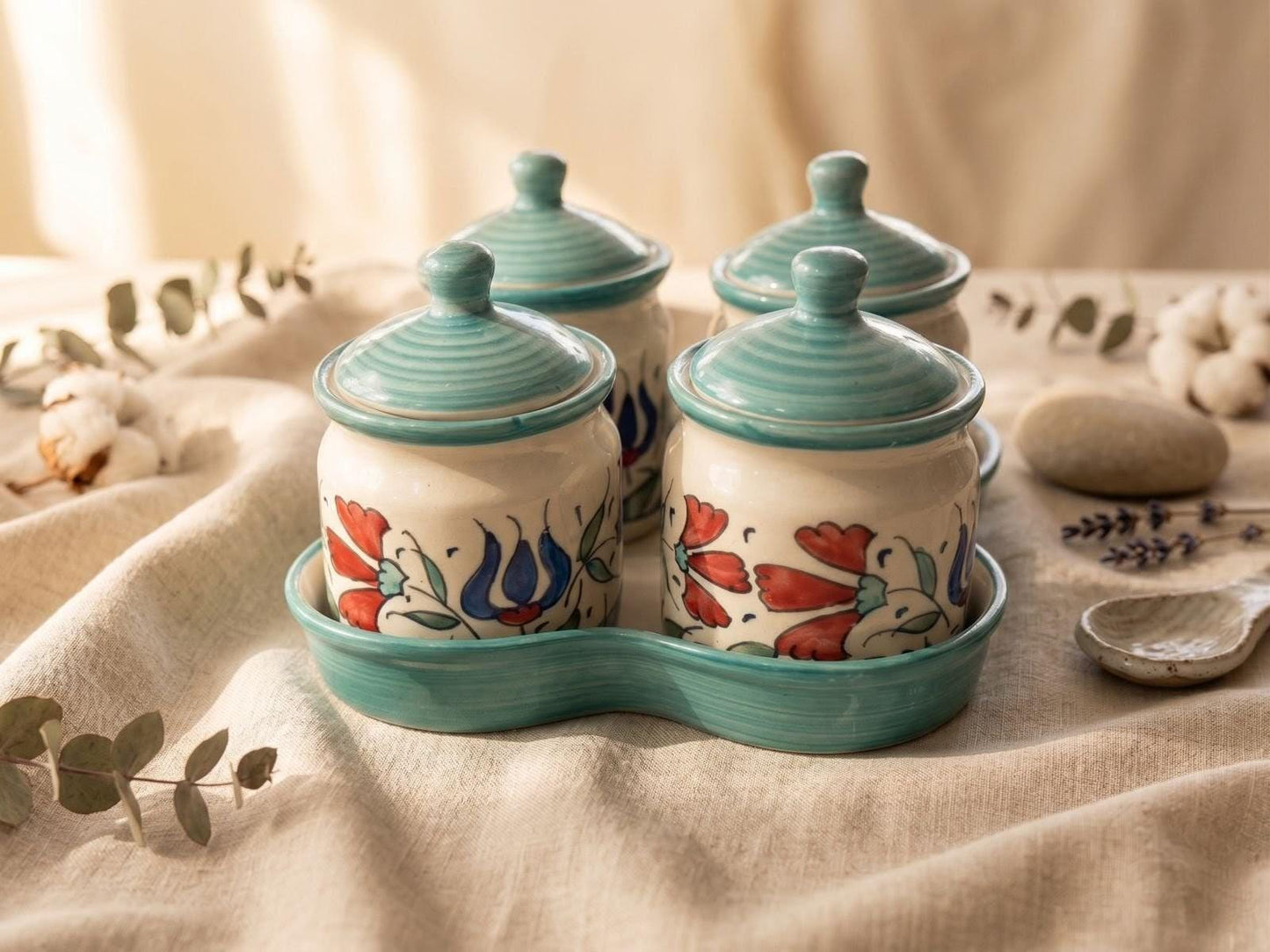 Ceramic Floral Kitchen Jars Set of 4 | Hand-Painted Storage Container