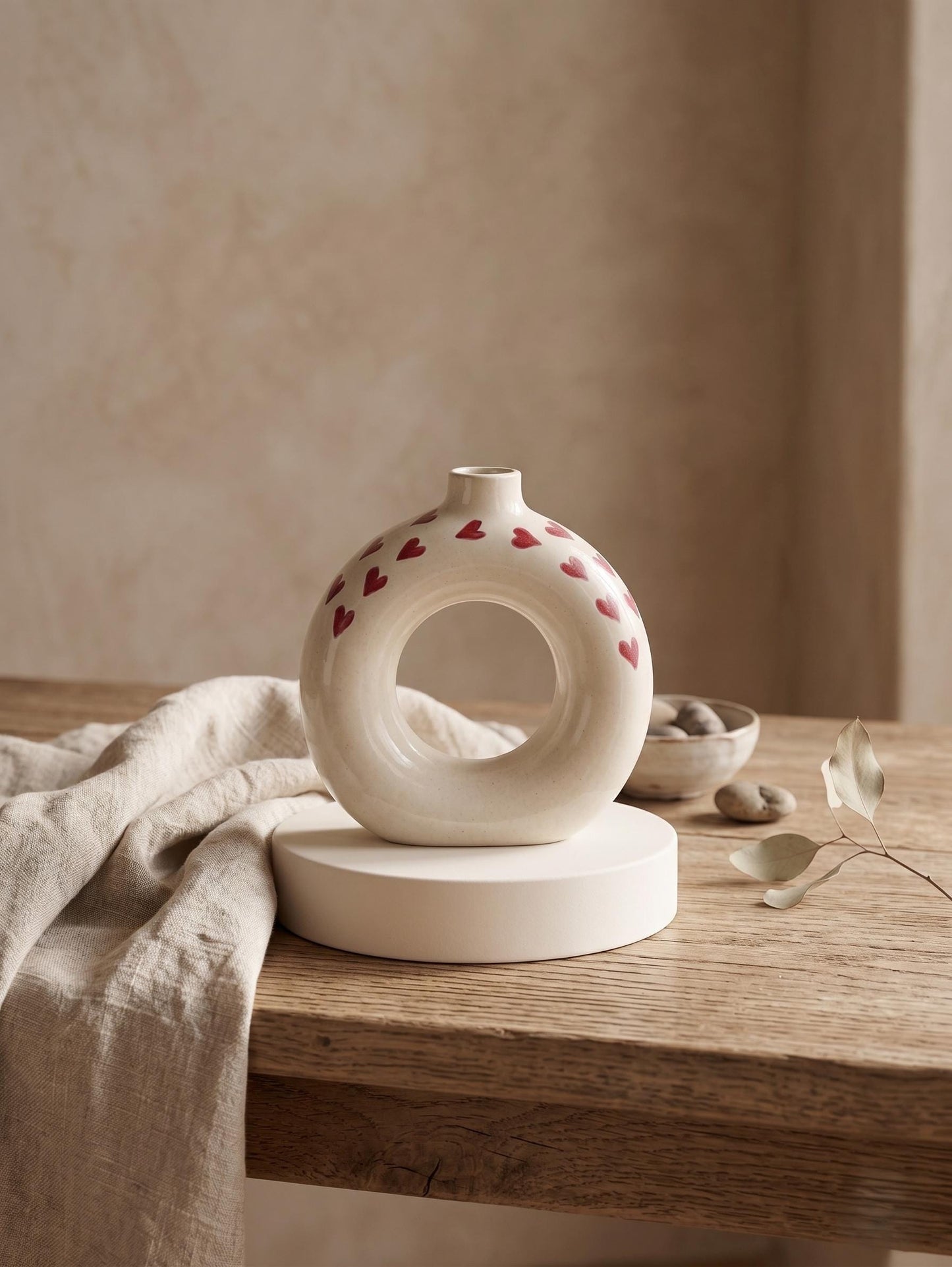 Handmade Ceramic Donut Vase with Red Hearts