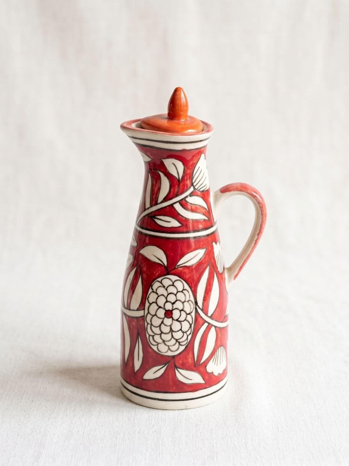 Ceramic Oil Dispenser Bottle | Hand-Painted Floral Oil Cruet