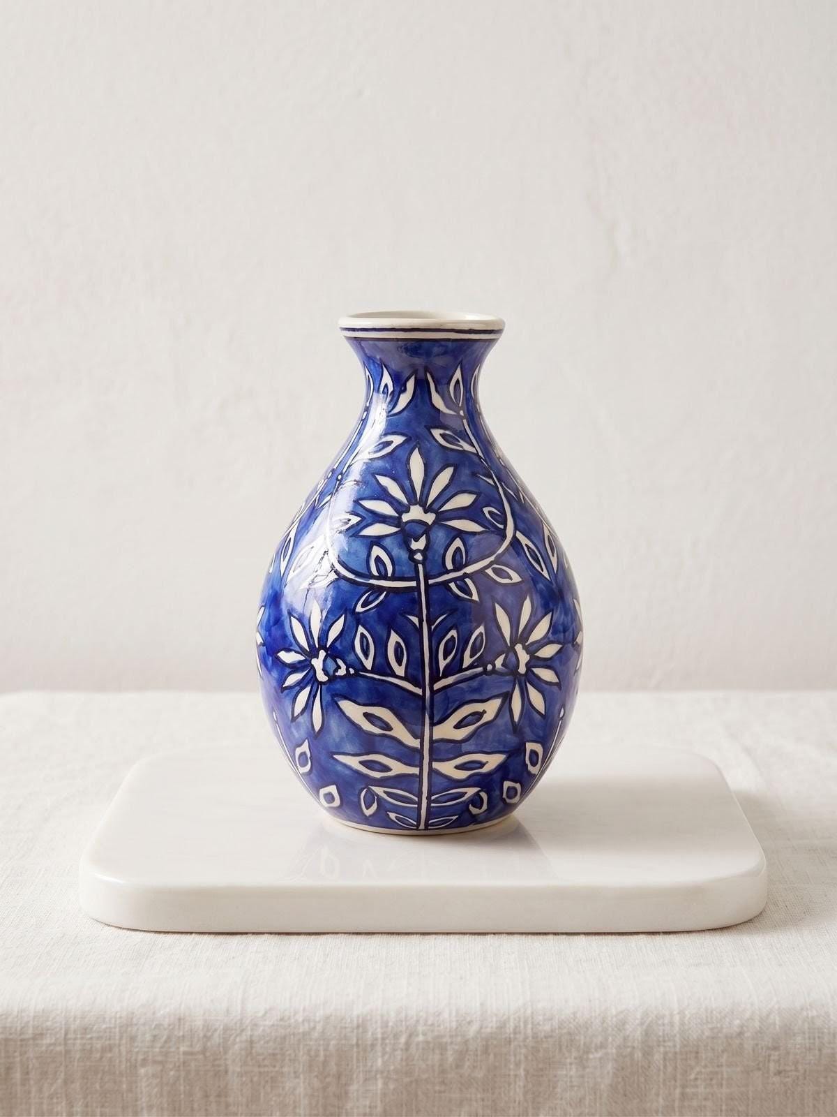 Hand-Painted Blue Pottery Ceramic Vase – Boho Flower Decor