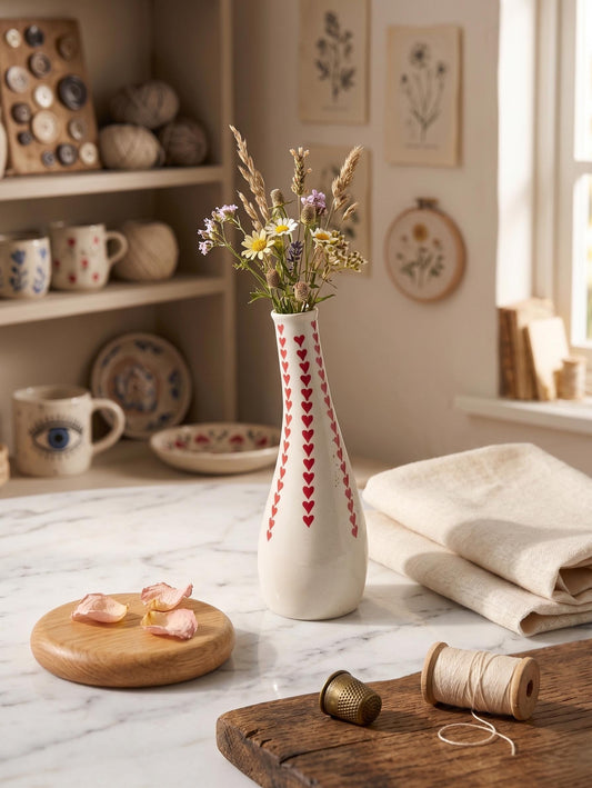 Hand-Painted Red Heart Bud Flower Vase